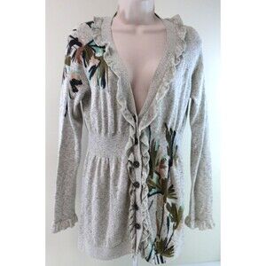 NIC+ZOE cardigan sweater tunic gray ruffle trim floral lightweight sz Small